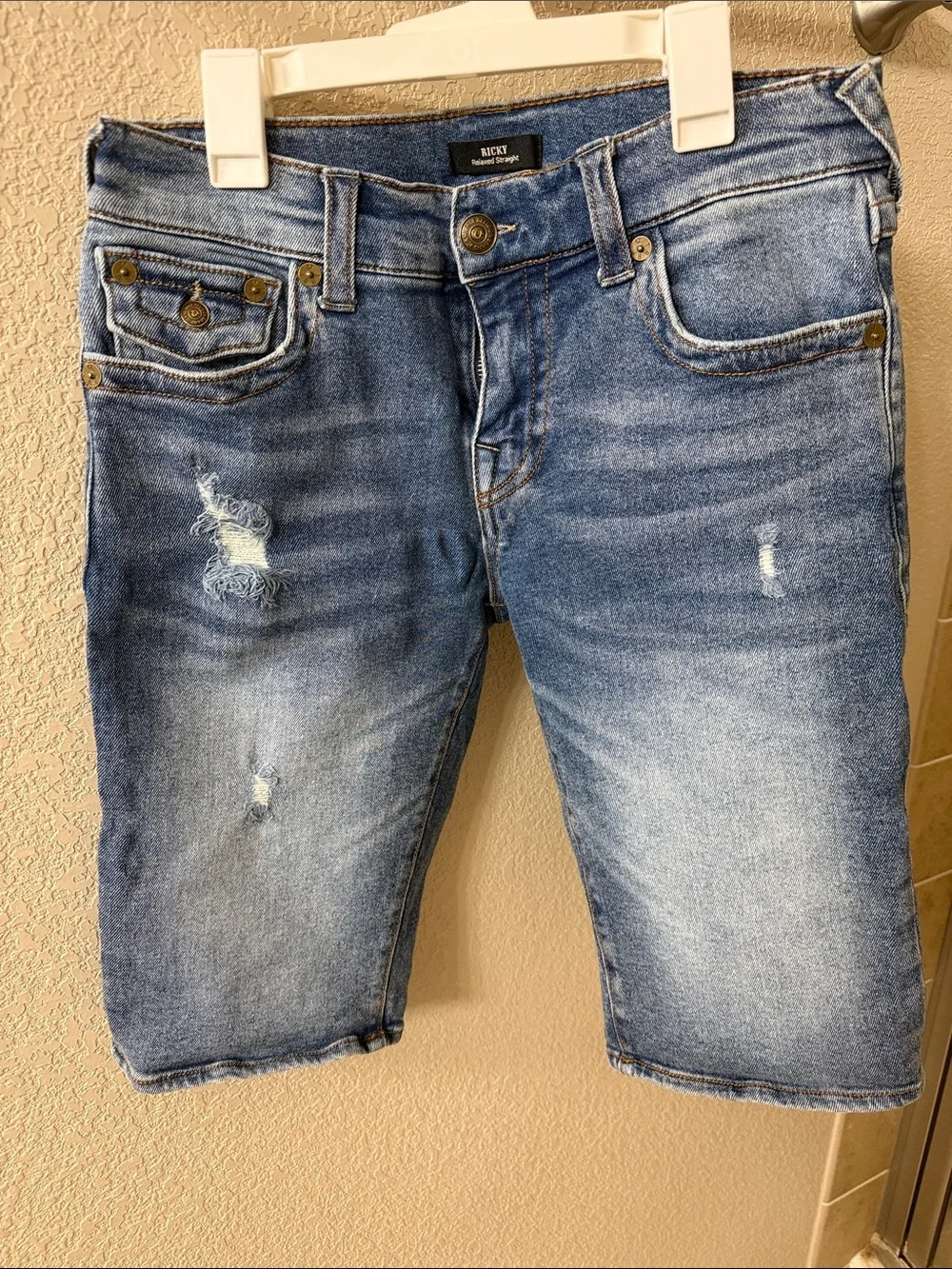 True Religion Distressed Light Blue Denim Shorts